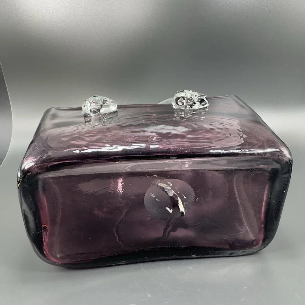Vintage Amethyst Purple‎ Hand Blown Glass Purse Bowl Dish With Clear Handles VTG